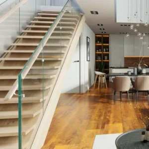 Modern open riser staircase with glass balustrade in Ballarat home